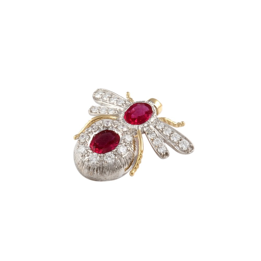 9ct Yellow and White Gold 0.34ct Round Brilliant Cut Diamonds and 0.68ct Oval Ruby Bee Pendant