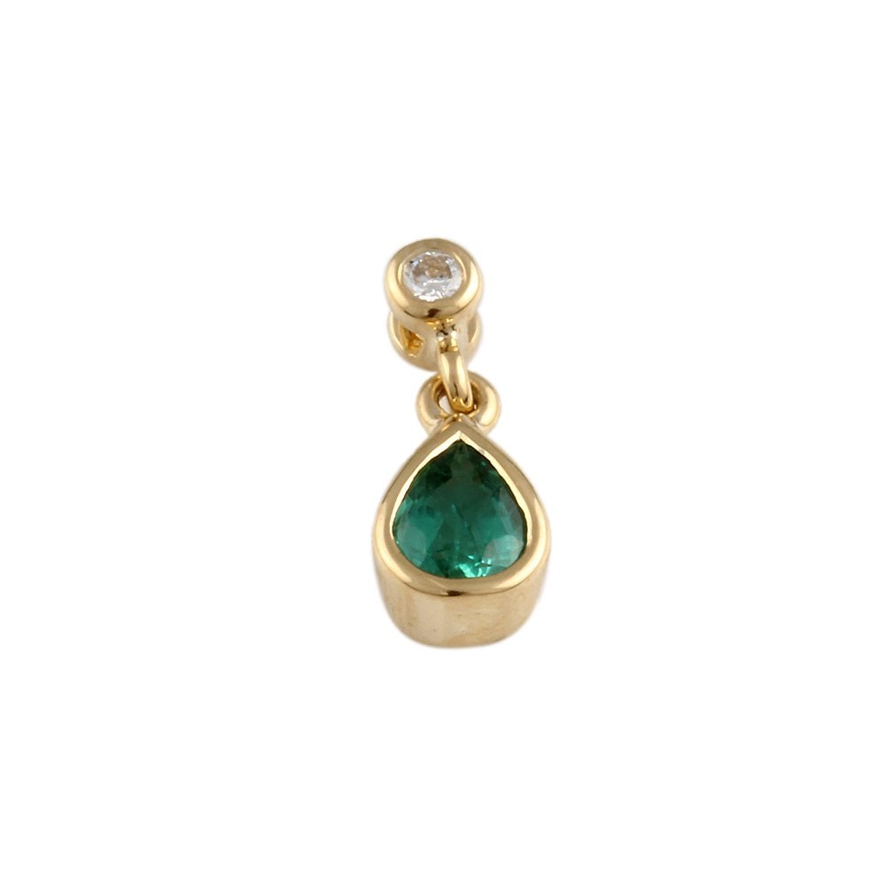 9ct Yellow Gold 0.03ct Round Brilliant Cut Diamond and 0.32ct Pear Shape Emerald Drop Pendant
