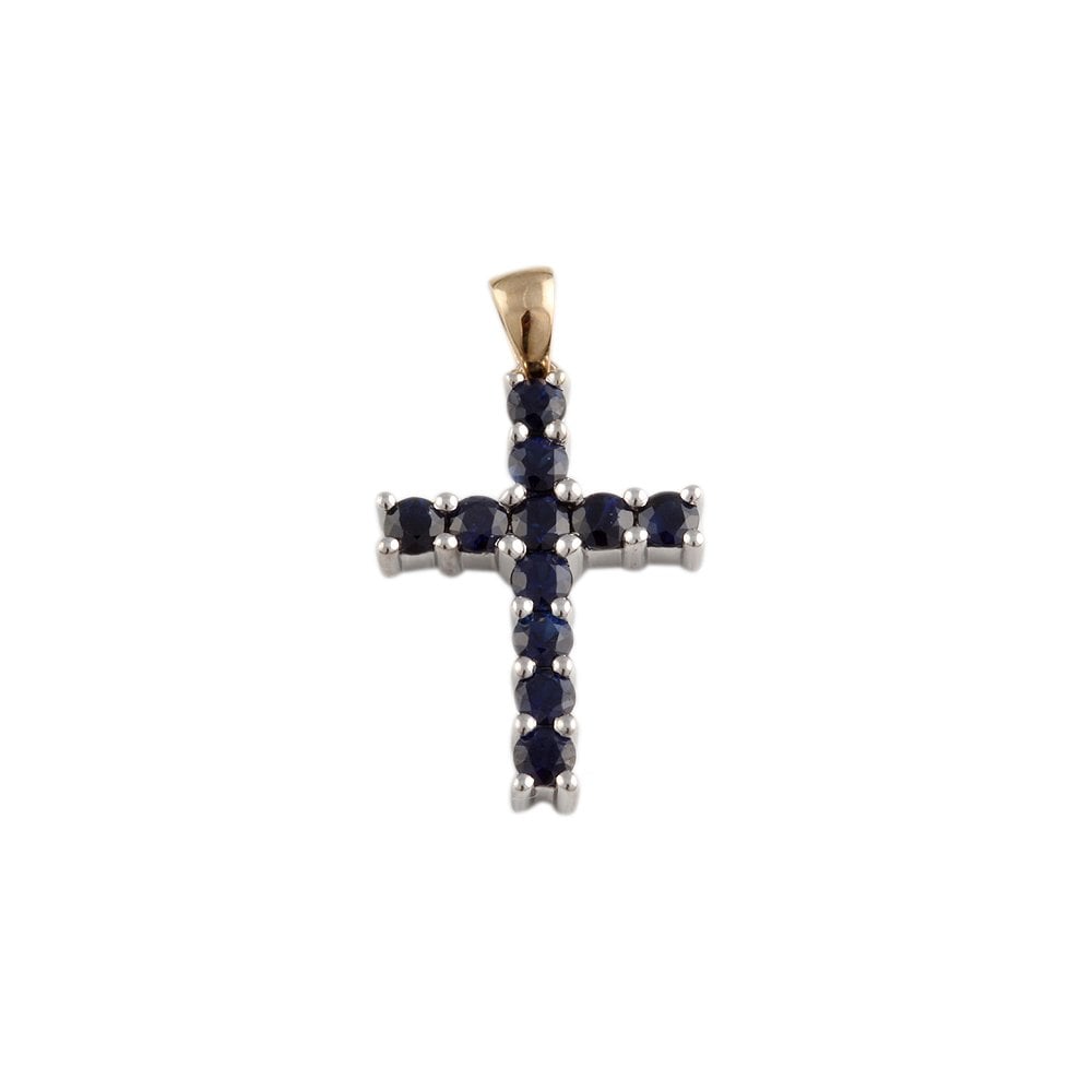 9ct Yellow and White Gold 1.39ct Blue Sapphires Cross Pendant