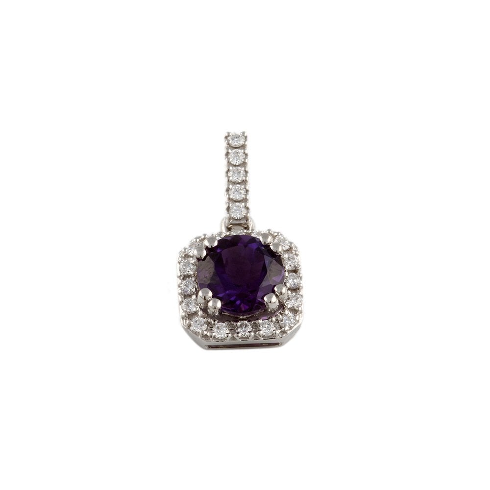 9ct White Gold 0.24ct Round Brilliant Cut Diamonds and 1.38ct Round Amethyst Cluster Pendant