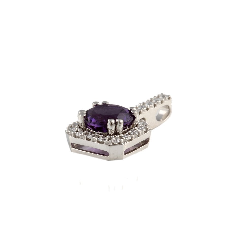 9ct White Gold 0.24ct Round Brilliant Cut Diamonds and 1.38ct Round Amethyst Cluster Pendant