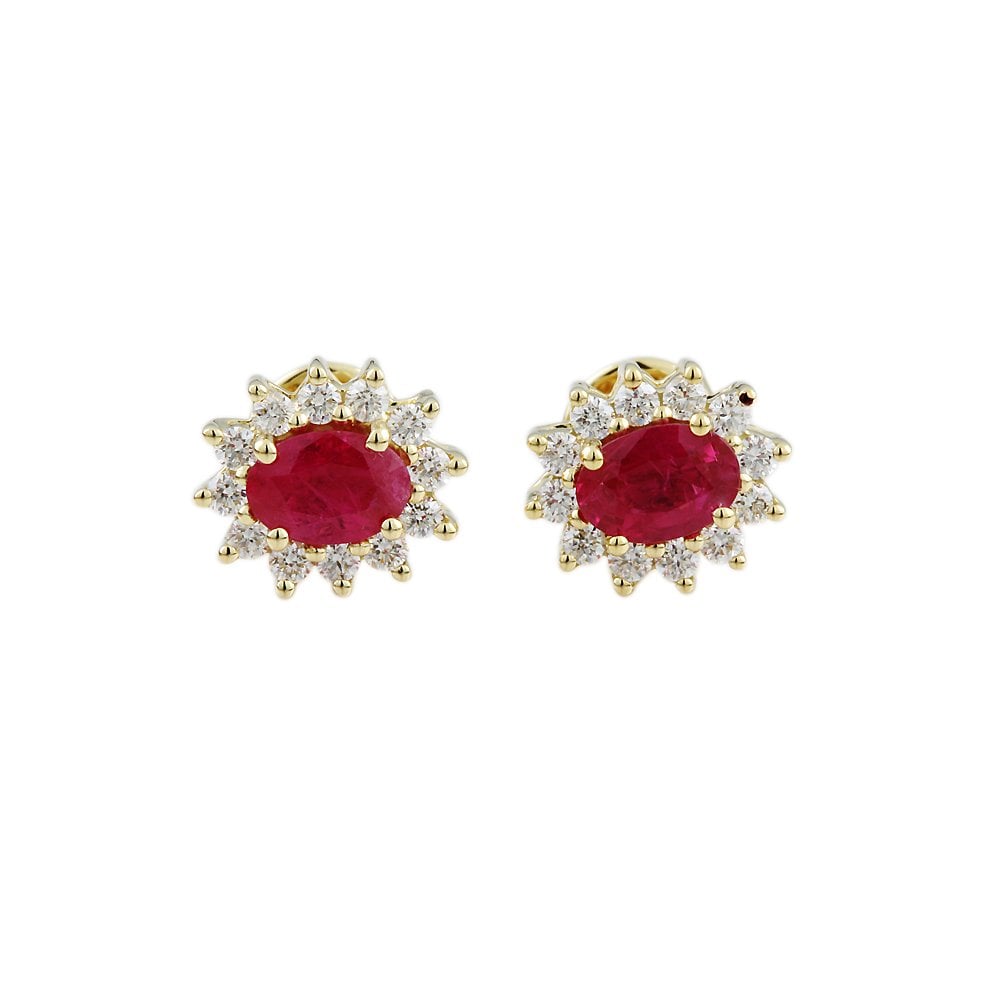9ct Yellow Gold 0.38ct Round Brilliant Cut Diamond and 1.02ct Oval Ruby Cluster Stud Earrings