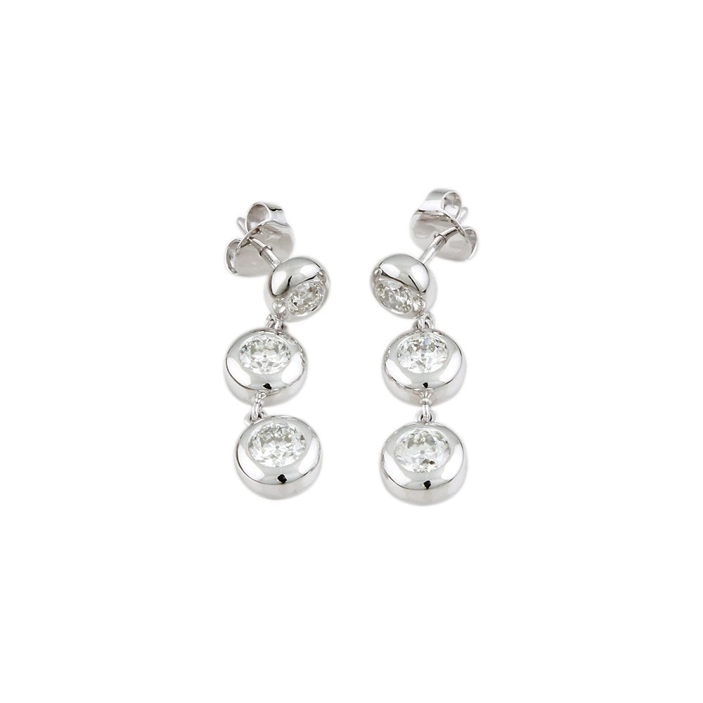 9ct White Gold 2.19ct Round Brilliant Cut Diamond Three Stone Drop Earrings