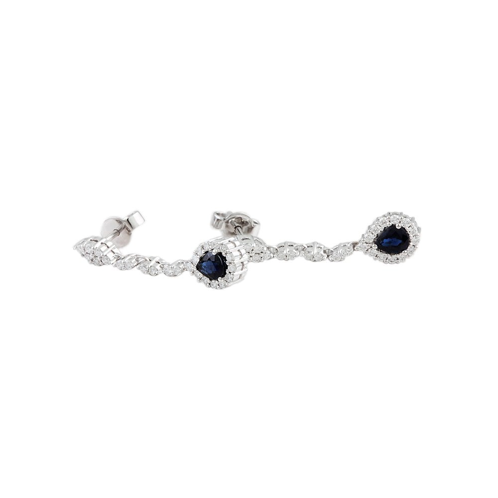 9ct White Gold 0.53ct Round Brilliant Cut Diamond and 0.86ct Pear Blue Sapphire Cluster Style Drop Earrings