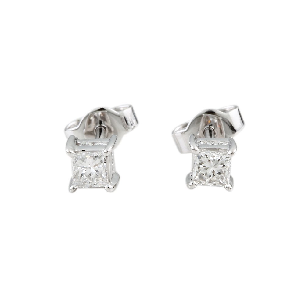 9ct White Gold 0.68ct Princess Cut and Round Brillaint Cut Diamond Solitaire Stud Earrings