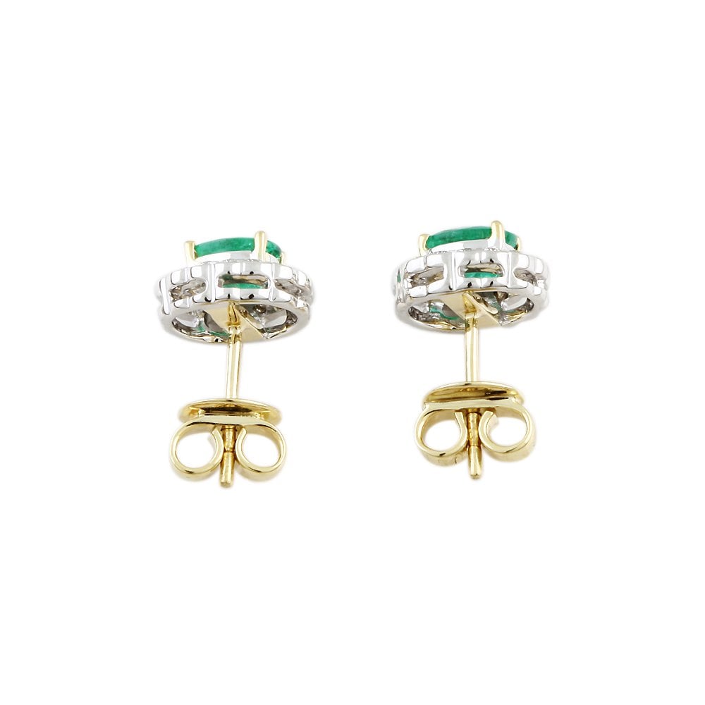 9ct Yellow White Gold 0.33ct Round Brilliant Cut Diamond and 0.95ct Oval Emerald Cluster Earrings