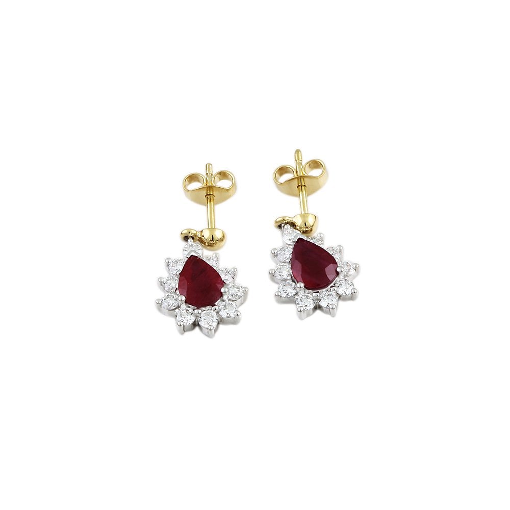 9ct Yellow White Gold 1.24ct Round Brilliant Cut Diamond and 2.05ct Pear Ruby Cluster Style Drop Earrings