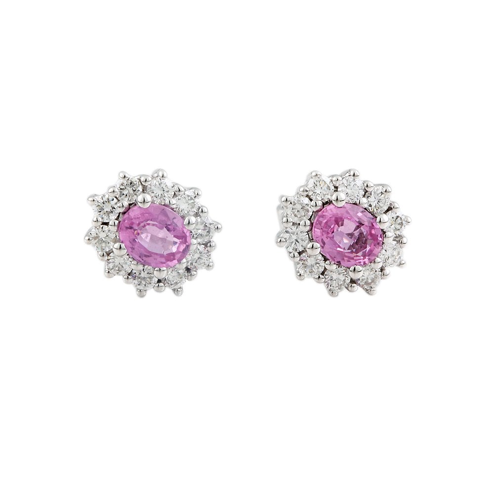 9ct White Gold 0.50ct Round Brilliant Cut Diamond and 0.90ct Oval Pink Sapphire Cluster Earrings