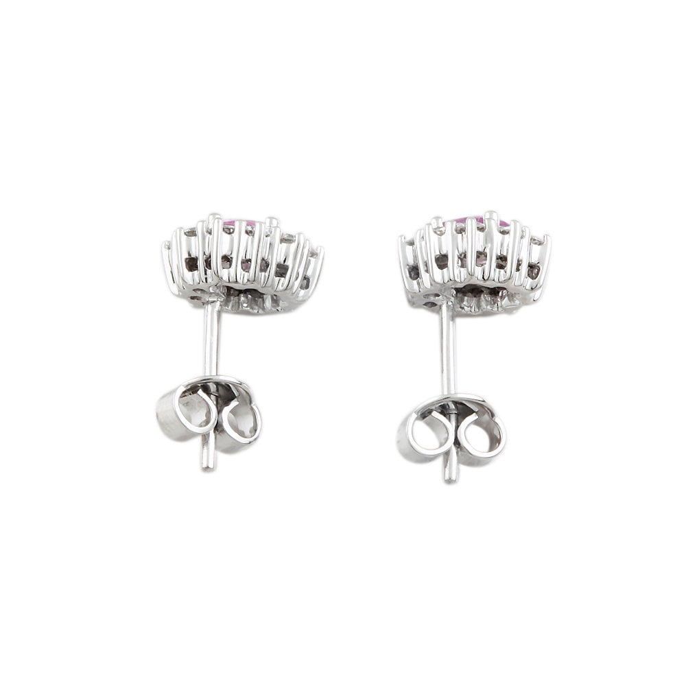 9ct White Gold 0.50ct Round Brilliant Cut Diamond and 0.90ct Oval Pink Sapphire Cluster Earrings