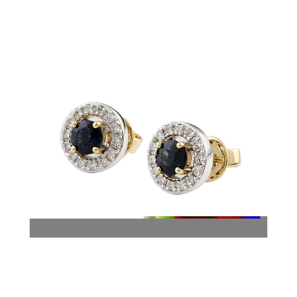 Yellow White Gold 0.28ct Round Brilliant Cut Diamond and 1.05ct Round Blue Sapphire Cluster Earrings