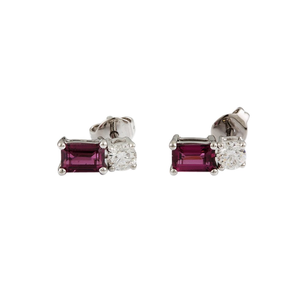 White Gold 0.56ct Round Brilliant Cut Diamond and 1.63ct Emerald Shaped Garnet Two Stone Earrings