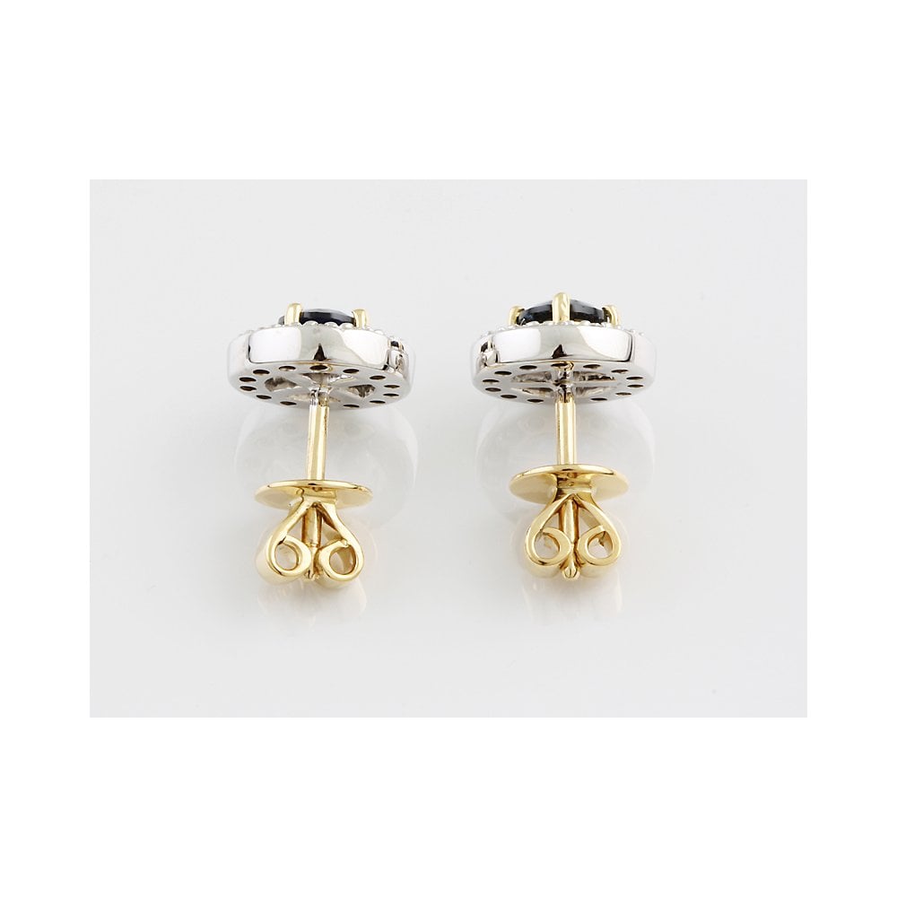 Yellow White Gold 0.28ct Round Brilliant Cut Diamond and 1.05ct Round Blue Sapphire Cluster Earrings