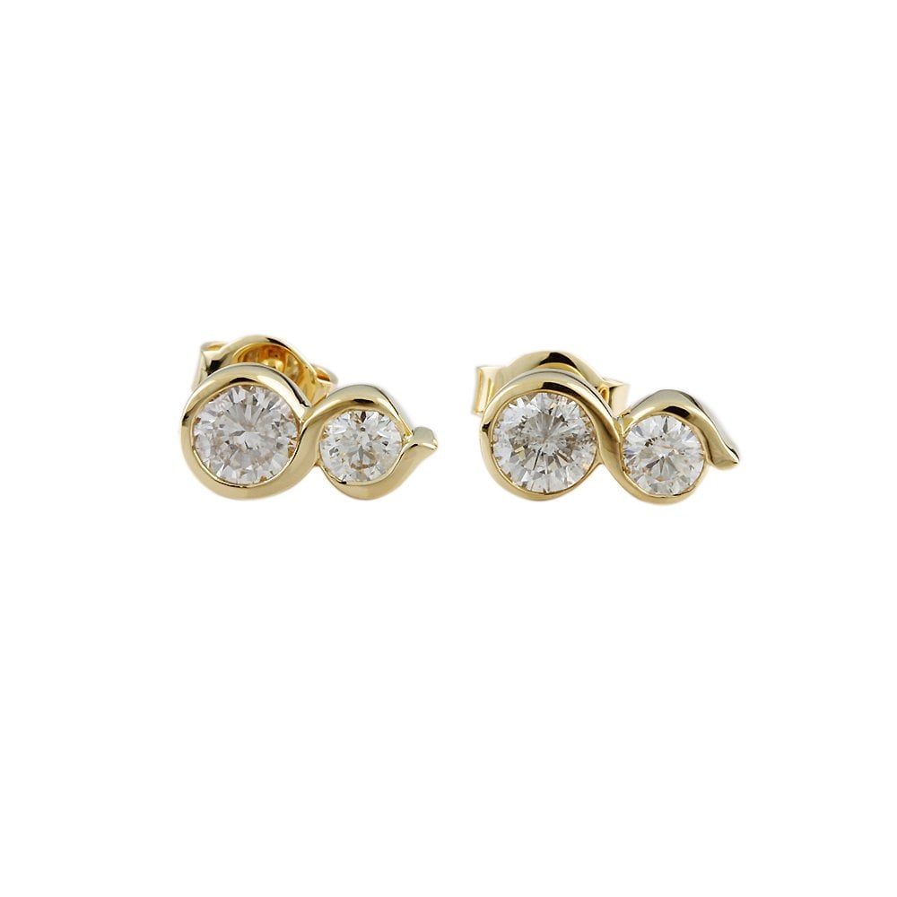 Yellow Gold 1.04ct Round Brilliant Cut Diamond Two Stone Stud Earrings