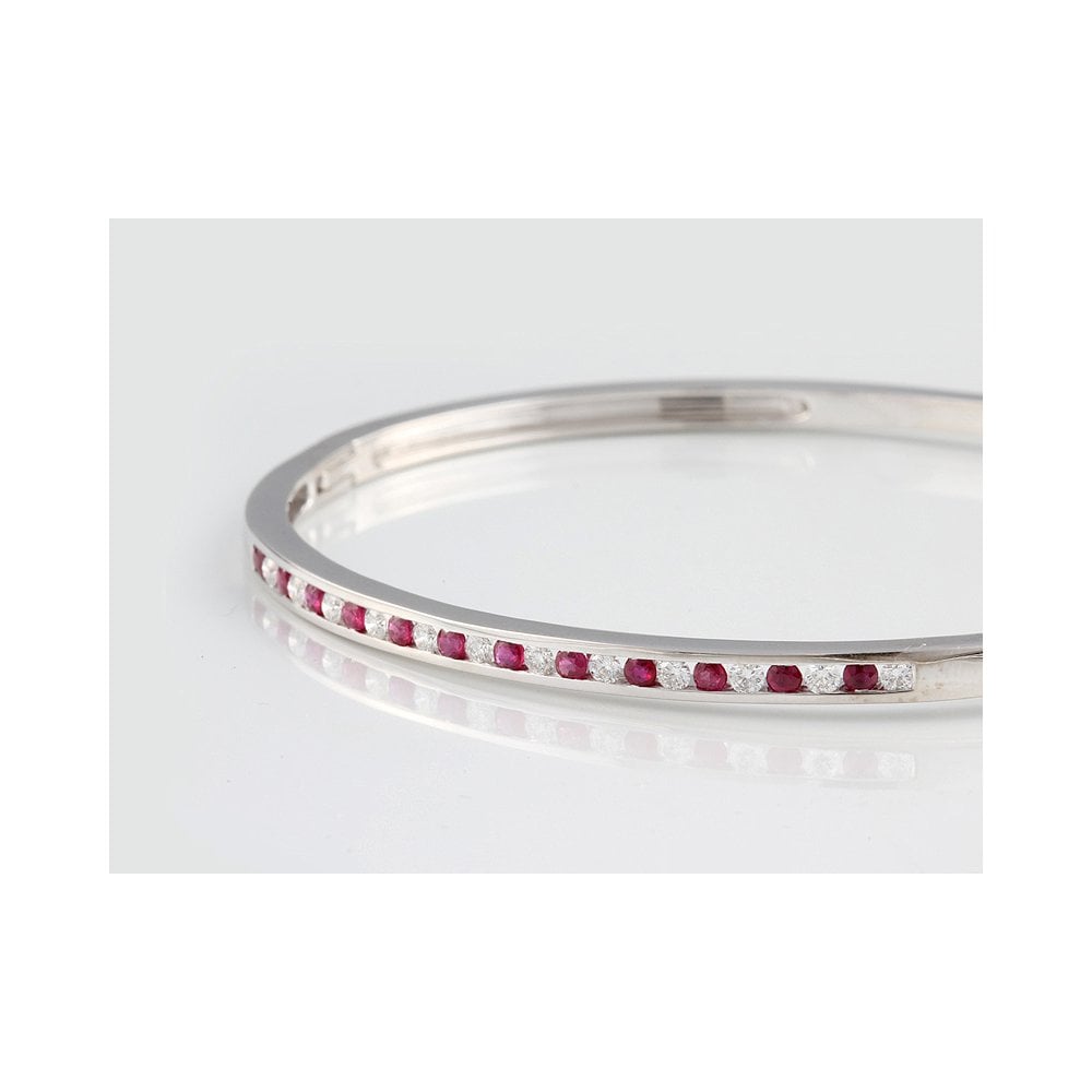 9ct White Gold Channel Set Hinged Ruby 0.81ct And Diamond 0.50ct Bangle