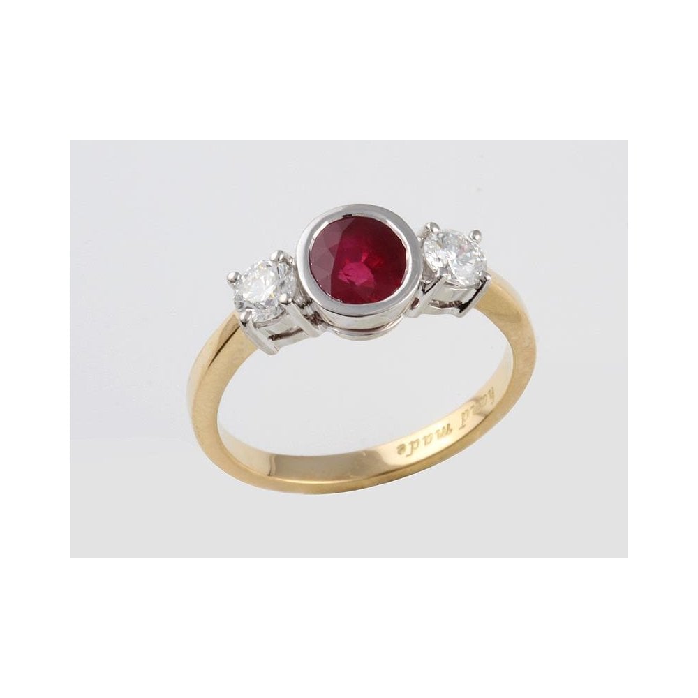 Handmade 18ct Yellow And White Gold Ruby 1.23ct And Diamond 0.47ct Three Stone Ring
