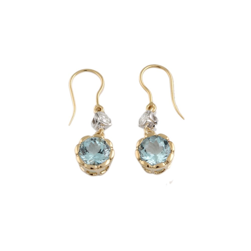 Yellow White Gold 0.53ct Round Brilliant Cut Diamond and 5.55ct Round Aquamarine Drop Earrings