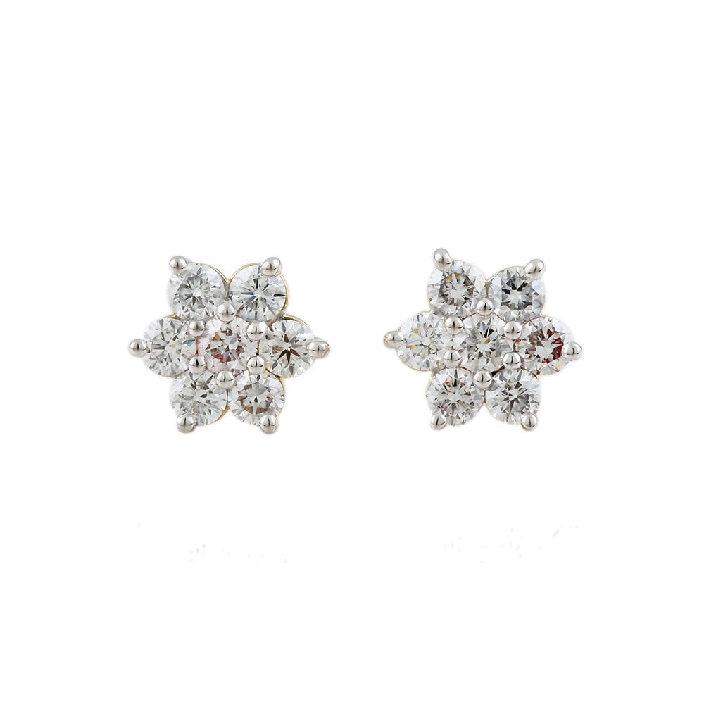 Yellow White Gold 1.75ct Round Brilliant Cut Diamond Cluster Earrings