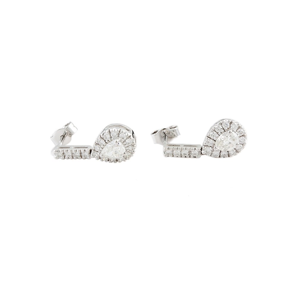 White Gold 0.70ct Pear and 0.44ct Round Brilliant Cut Diamond Cluster Style Drop Earrings