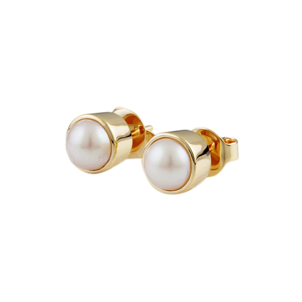 Yellow Gold 9mm Round Pearl Single Stone Stud Earrings