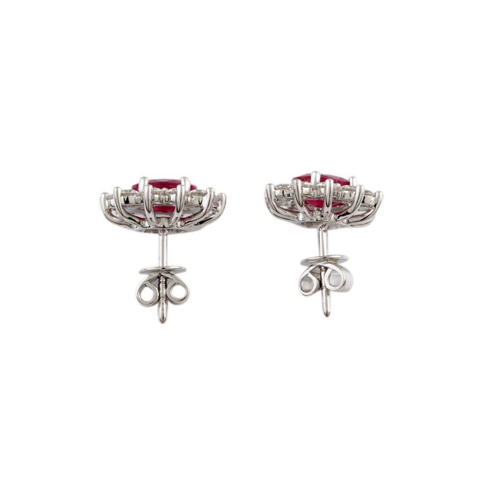 White Gold 1.28ct Round Brilliant Cut Diamond and 2.35ct Oval Ruby Cluster Earrings