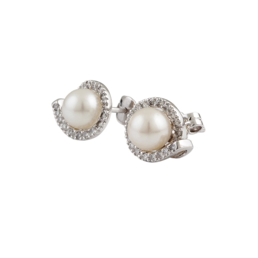White Gold 0.41ct Round Brilliant Cut Diamond and 6mm Round Pearl Cluster Earrings