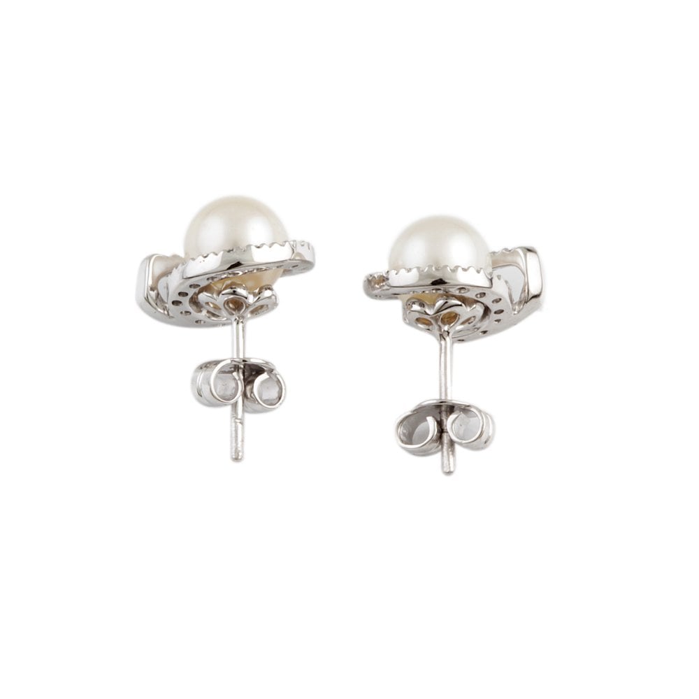 White Gold 0.41ct Round Brilliant Cut Diamond and 6mm Round Pearl Cluster Earrings