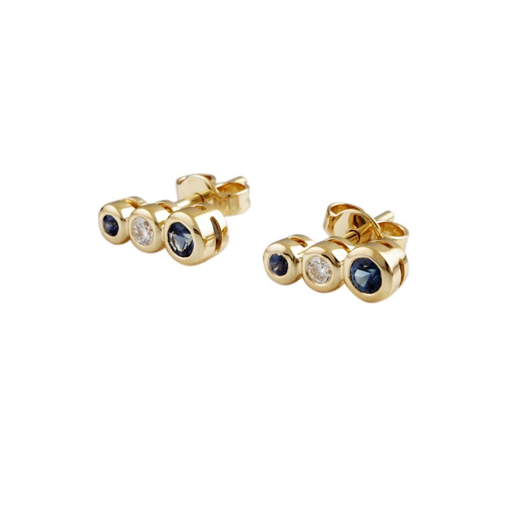 Yellow Gold 0.11ct Round Brilliant Cut Diamond and 0.35ct Round Blue Sapphire Three Stone Drop Earrings