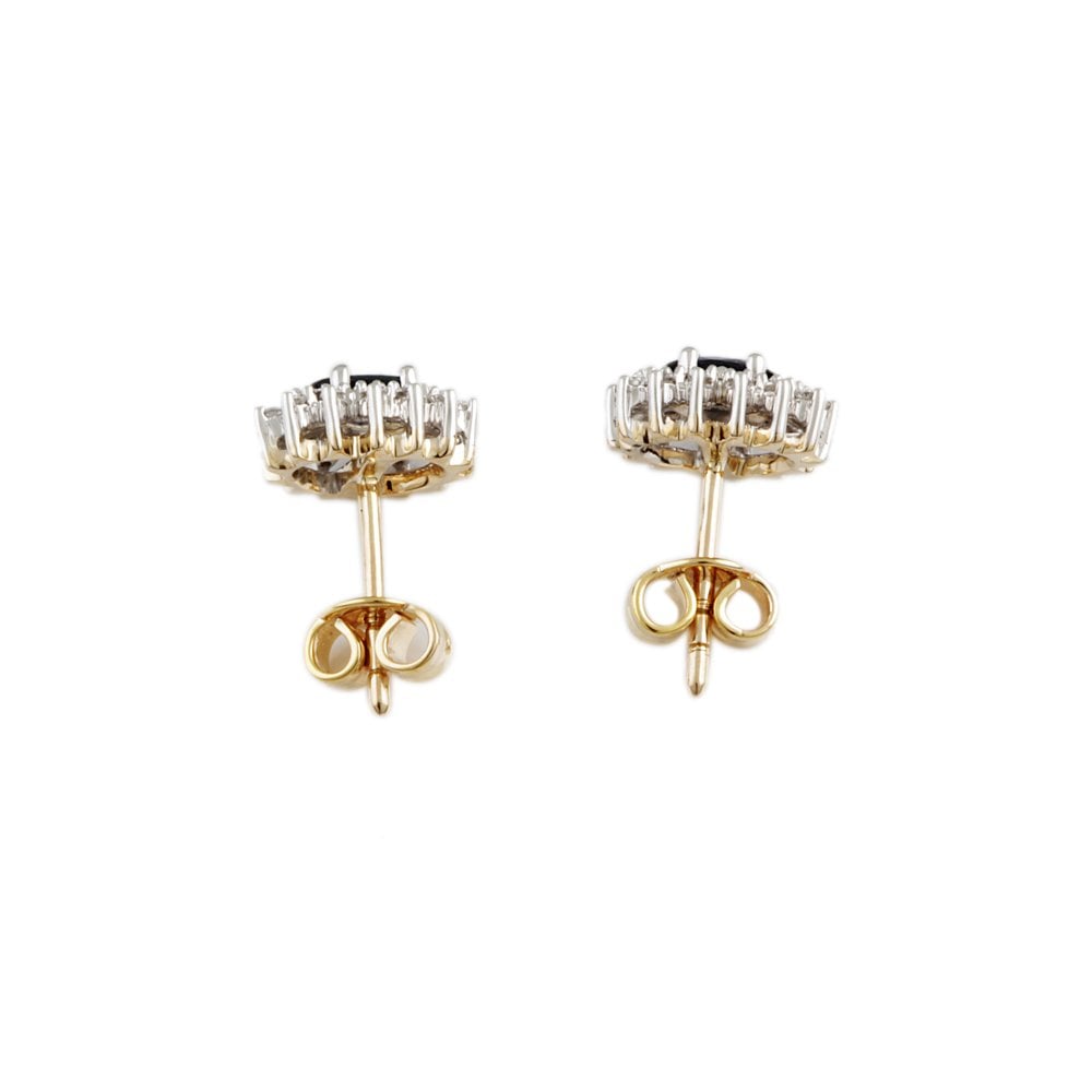 Yellow White Gold 0.27ct Round Brilliant Cut Diamond and 0.47ct Oval Blue Sapphire Cluster Earrings