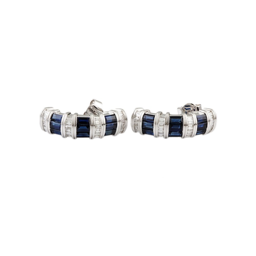 White Gold 0.72ct Baguette Cut Diamond and 3.56ct Baguette Cut Blue Sapphire Half Hoop Earrings