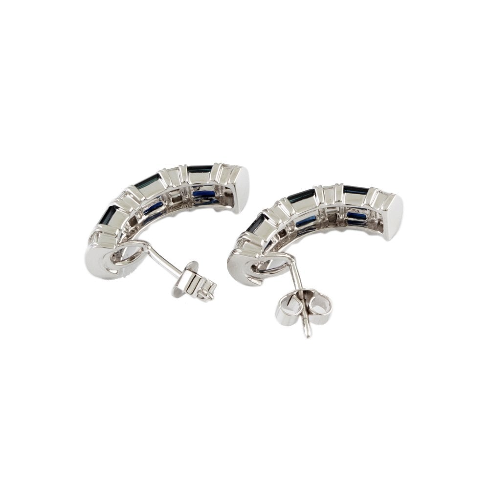 White Gold 0.72ct Baguette Cut Diamond and 3.56ct Baguette Cut Blue Sapphire Half Hoop Earrings