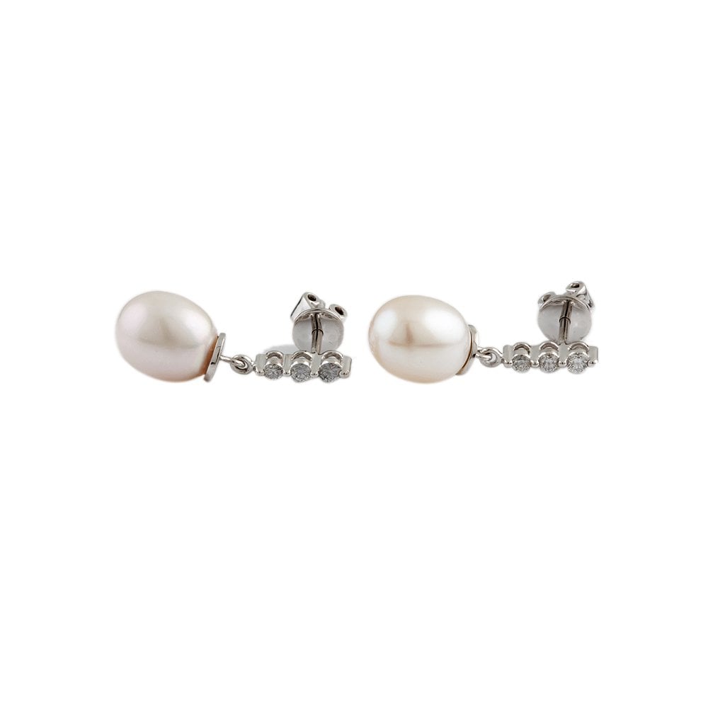 White Gold 0.19ct Round Brilliant Cut Diamond and 9.24ct Bomb Shaped Pearl Drop Earrings