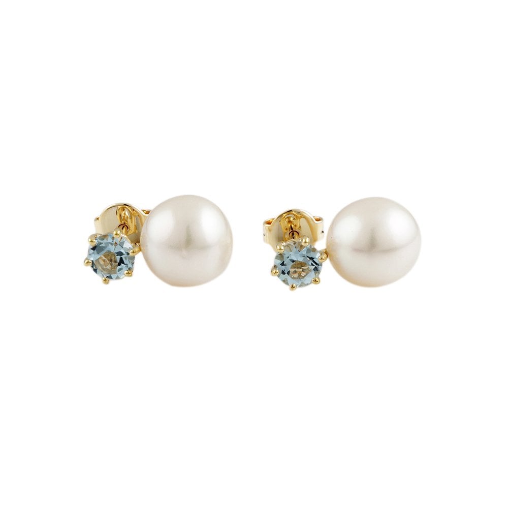 Yellow Gold 0.86ct Round Aquamarine and 11.70ct Round Pearl Drop Earrings