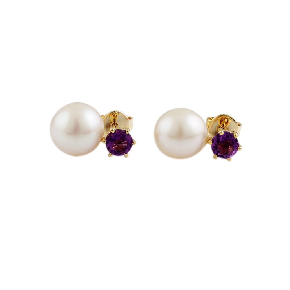 Yellow Gold 0.89ct Round Amethyst and 5mm  Round Pearl Drop Earrings