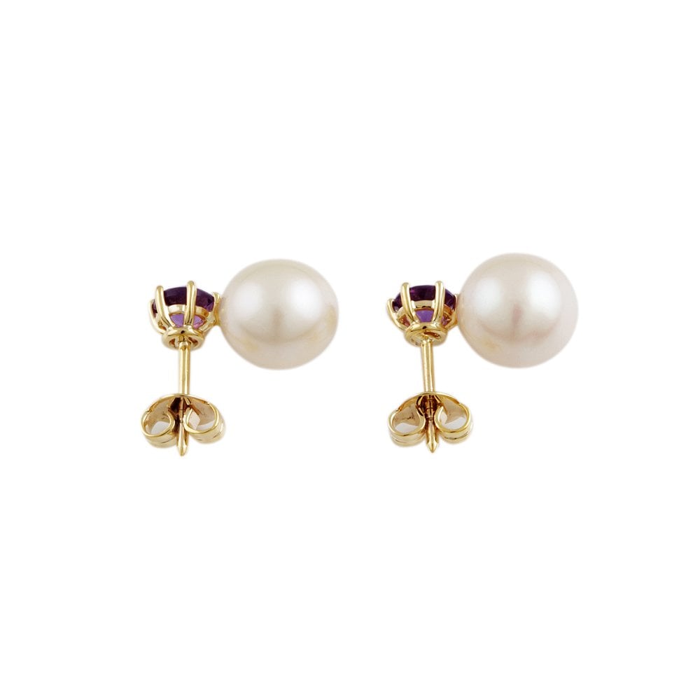 Yellow Gold 0.89ct Round Amethyst and 5mm  Round Pearl Drop Earrings