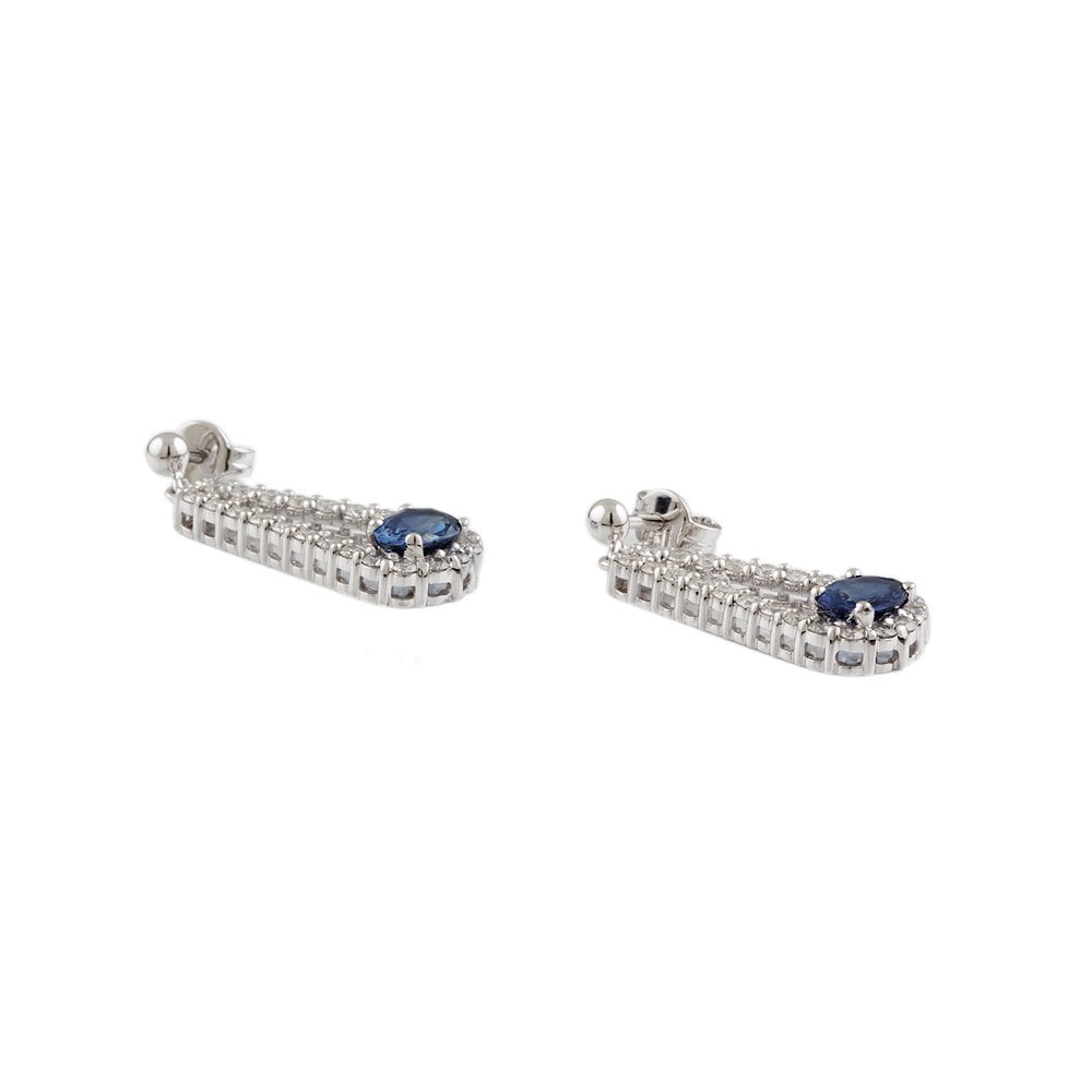 White Gold 0.92ct Round Brilliant Cut Diamond and 1.72ct Round Blue Sapphire Drop Earrings