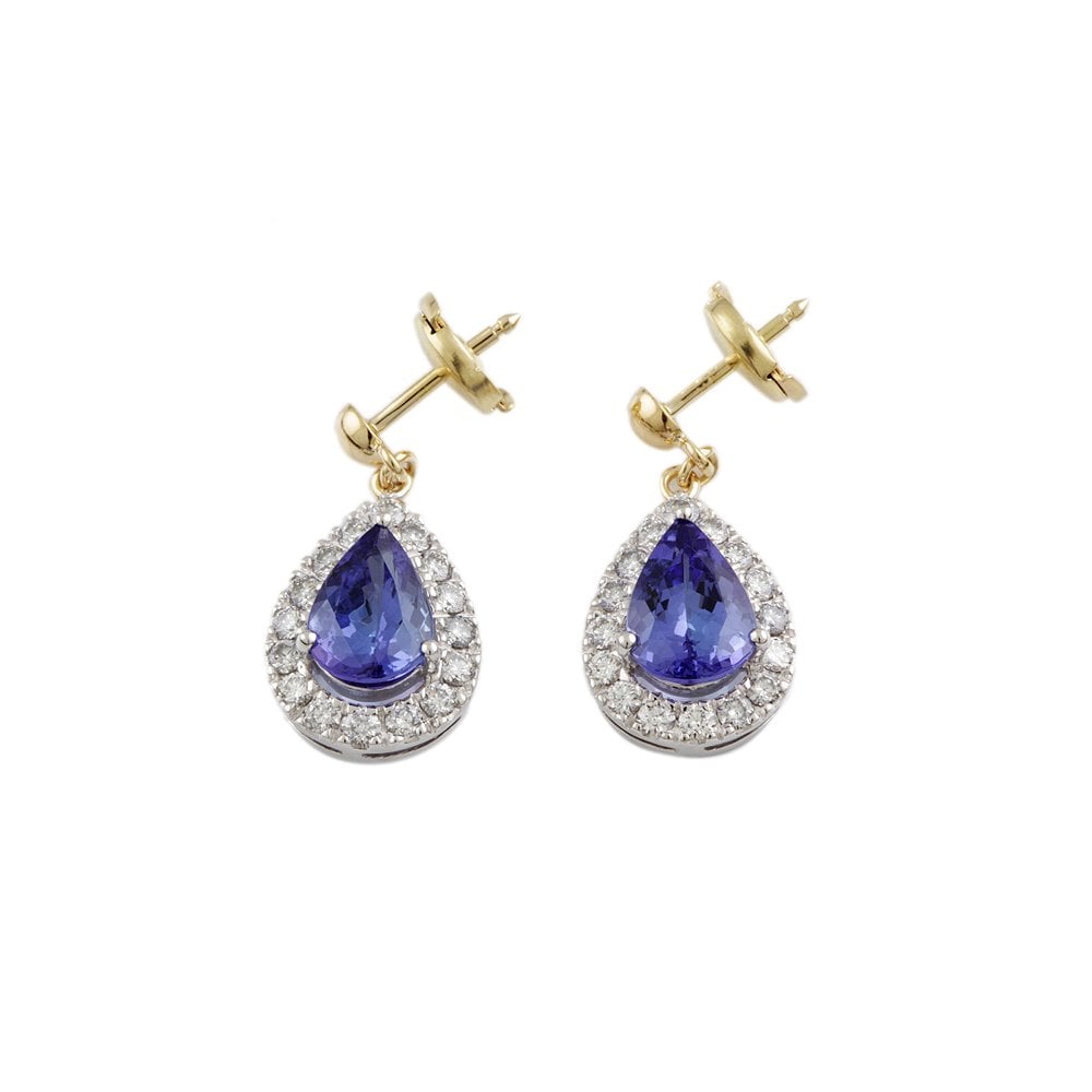 Yellow White Gold 1.01ct Round Brilliant Cut Diamond and 3.95ct Pear Tanzanite Cluster Style Drop Earrings
