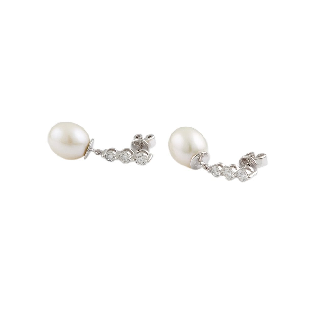White Gold 0.53ct Round Brilliant Cut Diamond and 9mm Bomb Shaped Pearl Drop Earrings