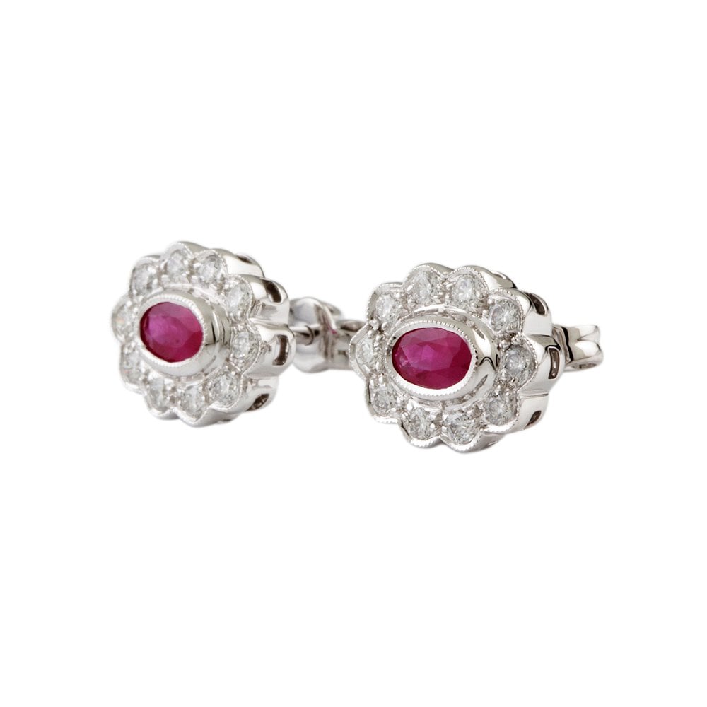 White Gold 0.42ct Round Diamonds and 0.63ct Oval Ruby Cluster Studs