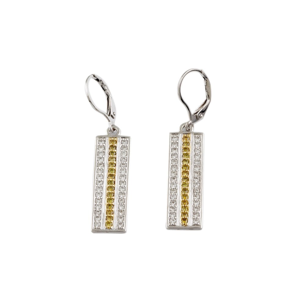 White Gold 0.65ct Round Brilliant Cut Diamond and 0.34ct Round Brilliant Cut Treated Yellow Diamond Drop Earrings