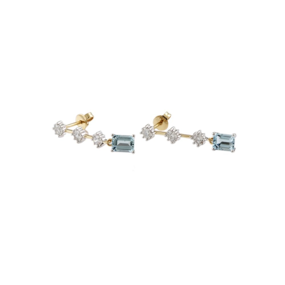 Yellow White Gold 1.18ct Round Brilliant Cut Diamond and 2.07ct Emerald Shaped Aquamarine Drop Earrings
