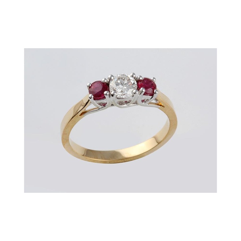 18ct Yellow And White Gold Diamond 0.70ct And Ruby 0.74ct Three Stone Ring