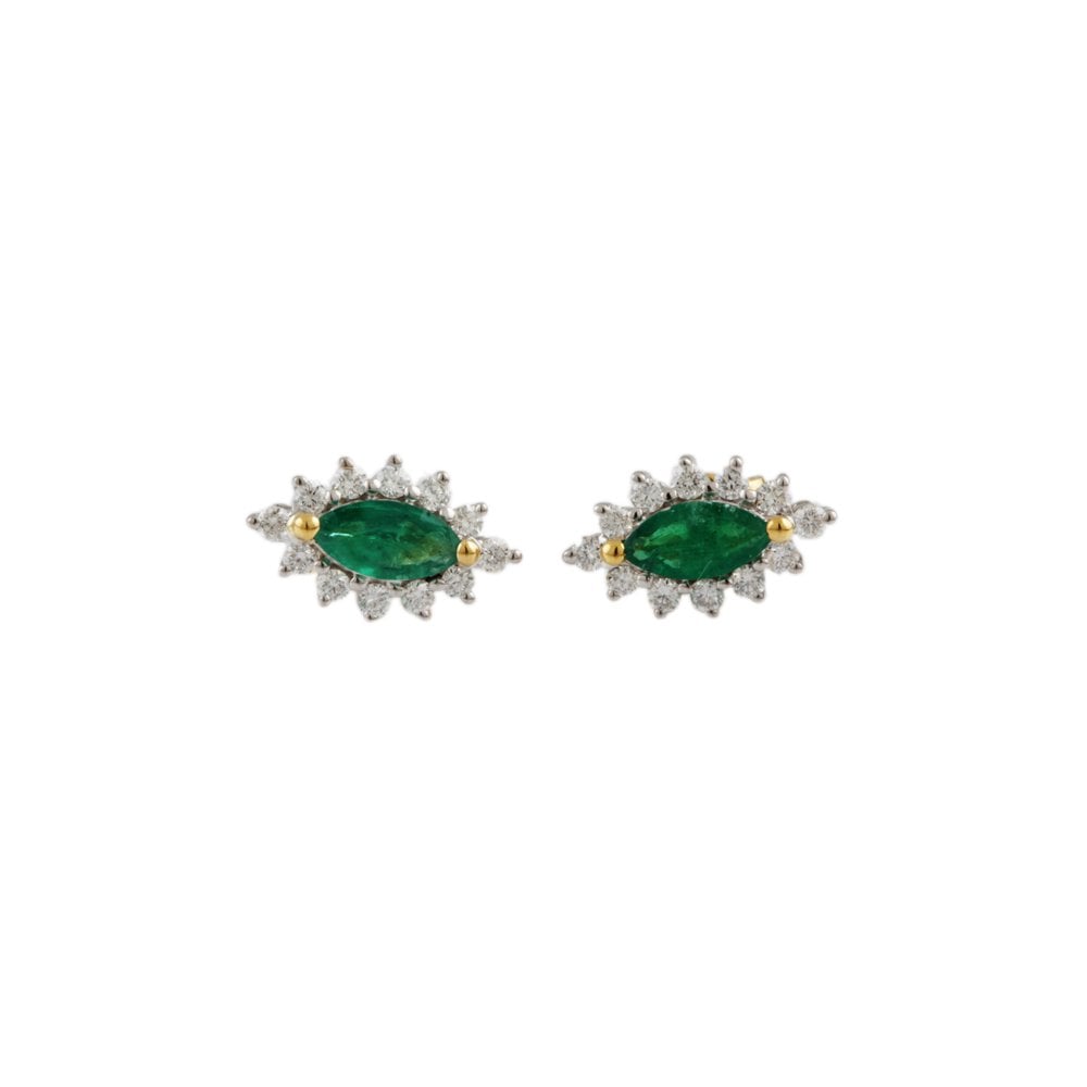 Yellow White Gold 0.50ct Round Brilliant Cut Diamond and 0.80ct Marquise Emerald Cluster Earrings