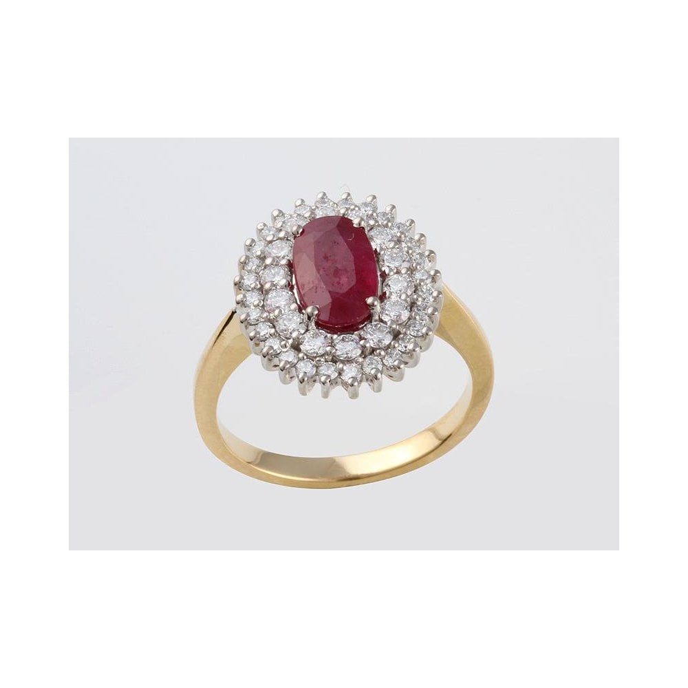 18ct Yellow And White Gold Ruby 1.73ct And Diamond 0.80ct Double Cluster Ring