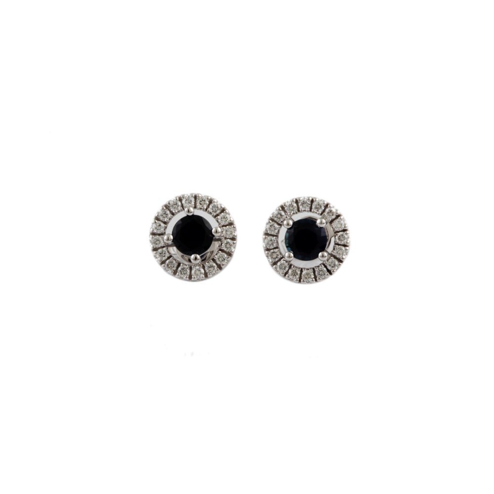White Gold 0.36ct Round Brilliant Cut Diamond and 1.26ct Round Blue Sapphire Cluster Earrings