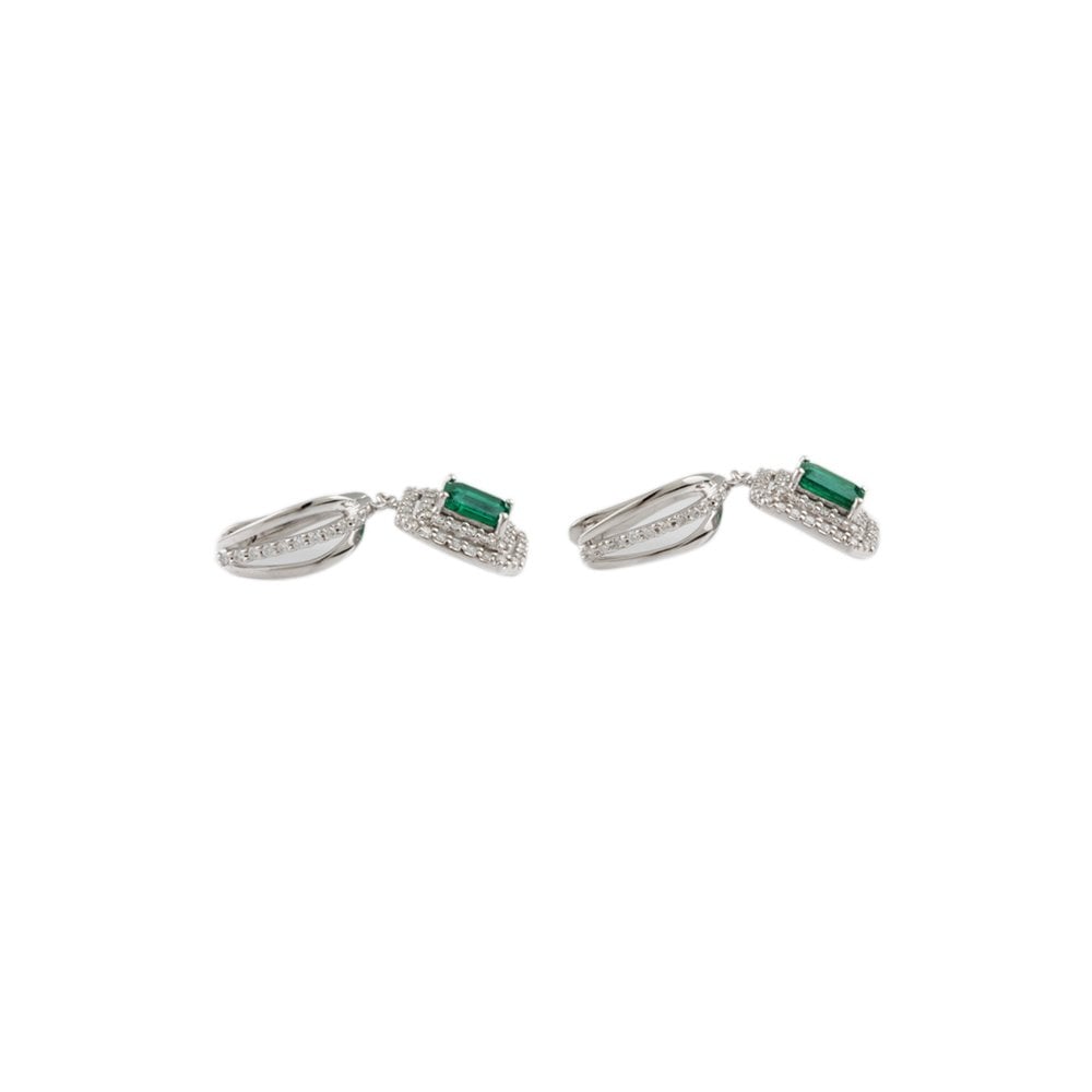 White Gold 1.12ct Round Brilliant Cut Diamond and 2.20ct Emerald Shaped Emerald Cluster Style Drop Earrings