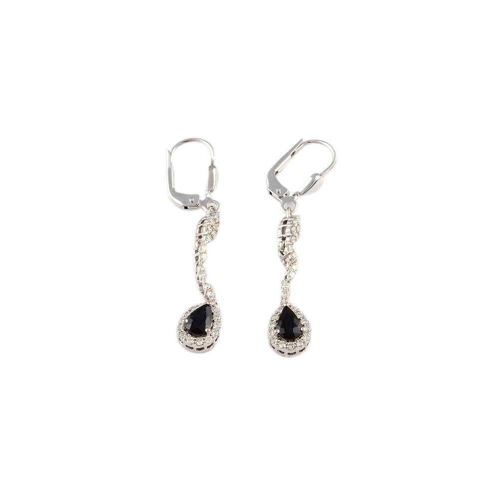 White Gold 0.48ct Round Brilliant Cut Diamond and 0.99ct Pear Blue Sapphire Cluster Style Drop Earrings