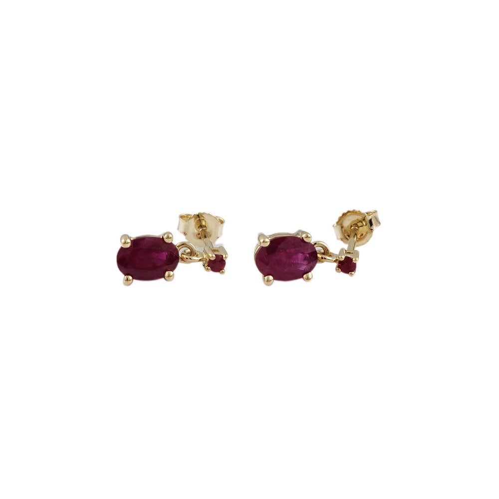 Yellow Gold 1.95ct Round Brilliant Cut and Oval Ruby Drop Earrings