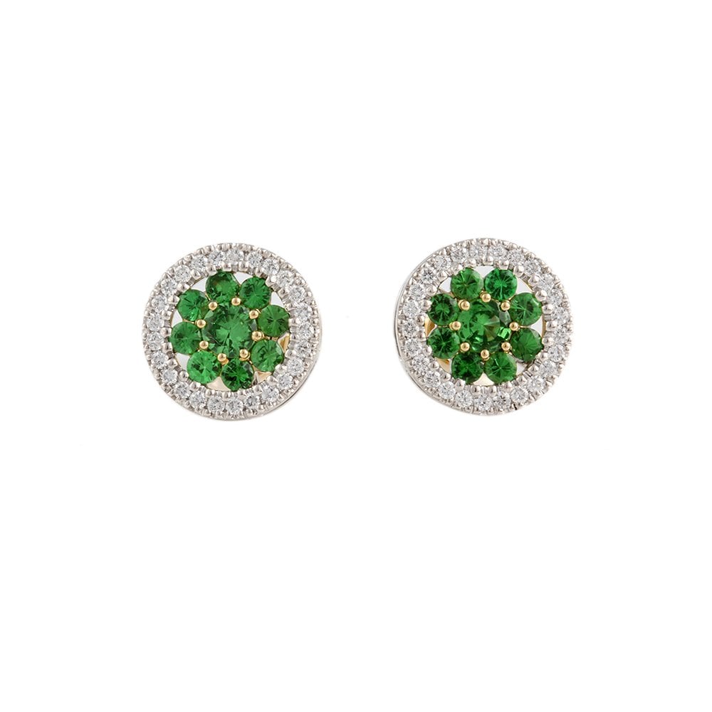Yellow White Gold 0.32ct Round Brilliant Cut Diamond and 1.14ct Round Tsavorite Cluster Earrings