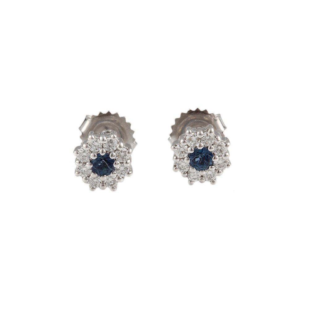 White Gold 0.33ct Round Brilliant Cut Diamond and 0.30ct Round Blue Sapphire Cluster Earrings
