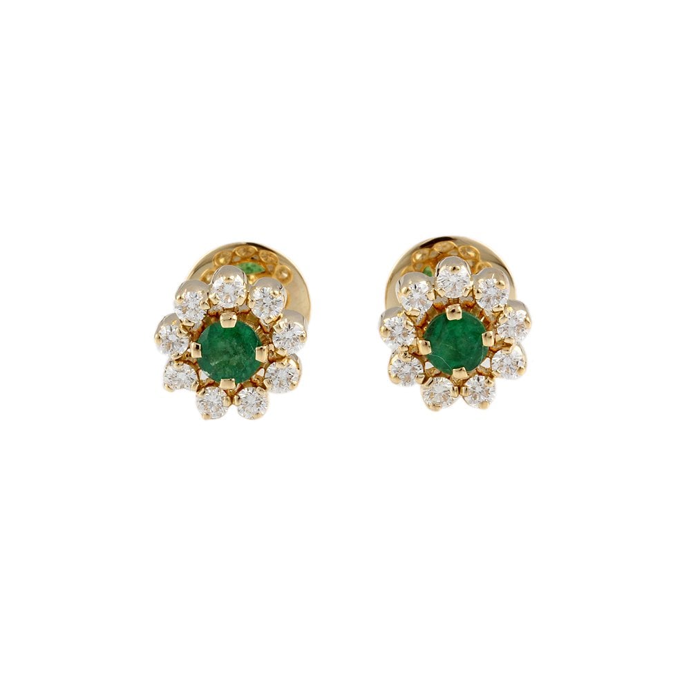 Yellow Gold 0.90ct Round Brilliant Cut Diamond and 0.72ct Round Emerald Cluster Earrings
